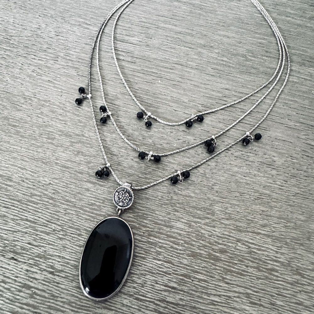 Barse 925 Silver Onyx Oval Stone Pendant Multistrand Statement Necklace